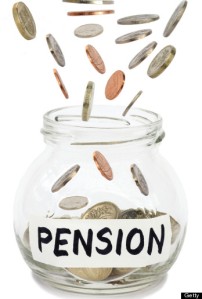Coins falling into jam jar labelled pension.