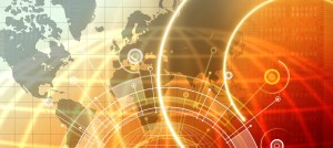 Globe with world map and circuit board in background (Digital)